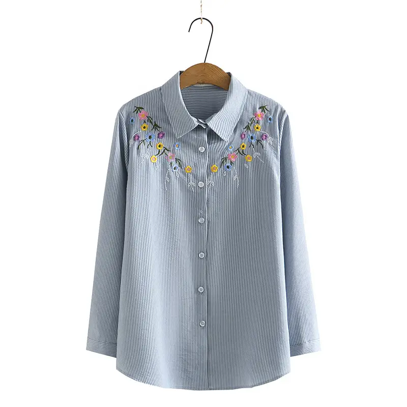 Women Embroidered Cotton Shirt 2022 Autumn Loose Striped
