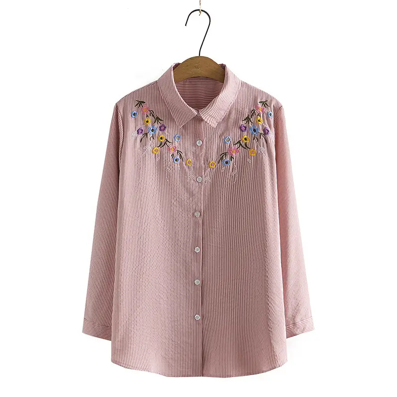 Women Embroidered Cotton Shirt 2022 Autumn Loose Striped