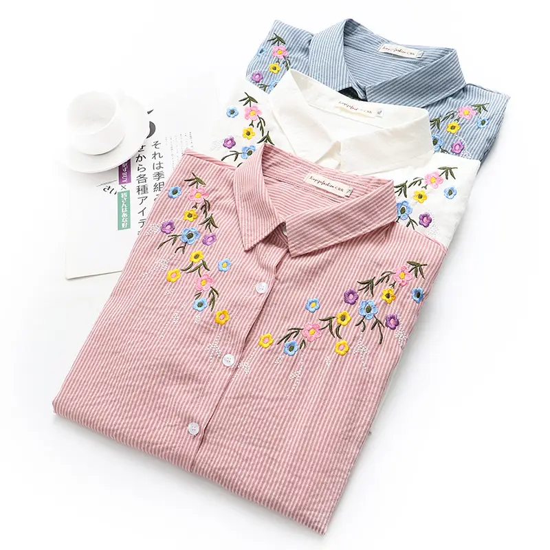 Women Embroidered Cotton Shirt 2022 Autumn Loose Striped