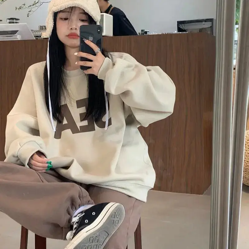 Women Thickened Letter Oversize Sweatshirt Winter Beige - Image 2
