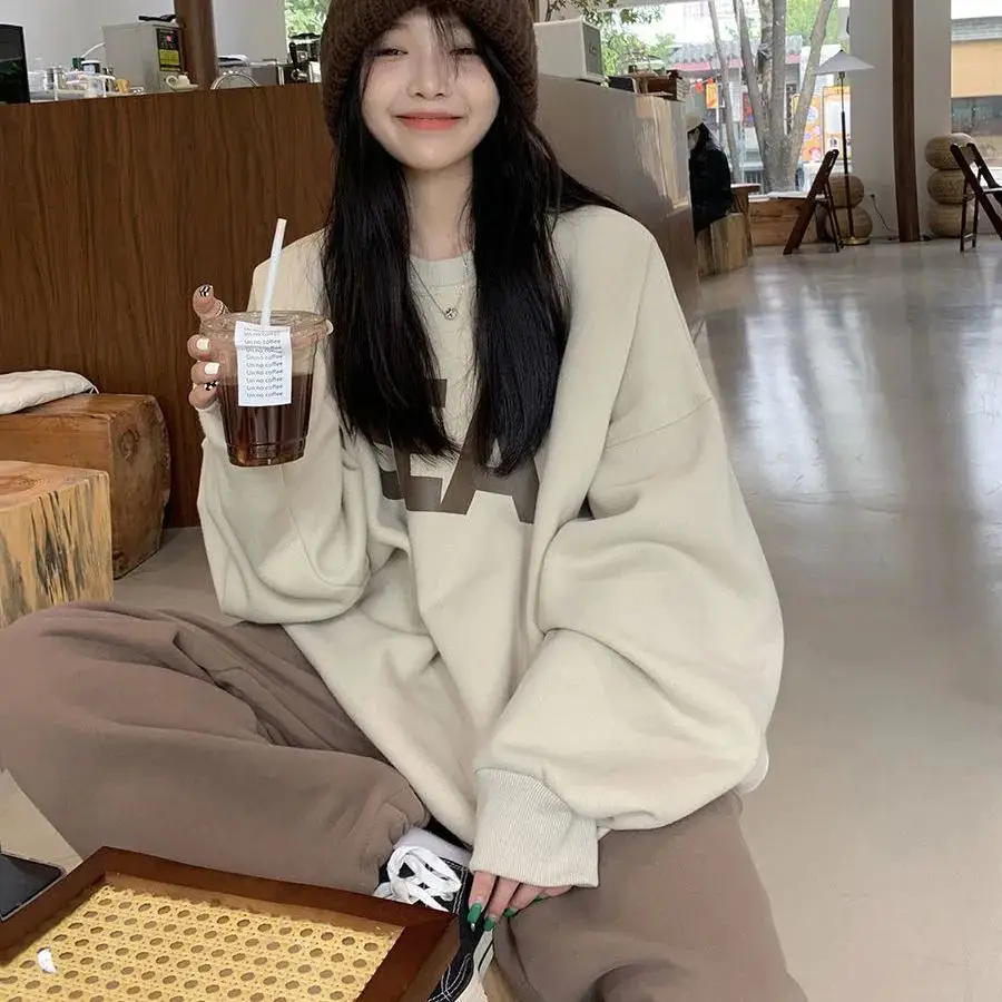 Women Thickened Letter Oversize Sweatshirt Winter Beige - Image 4