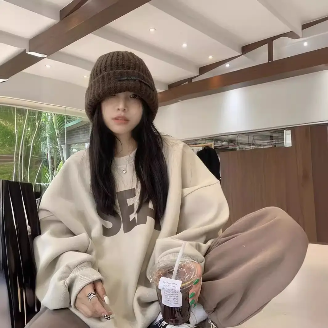 Women Thickened Letter Oversize Sweatshirt Winter Beige - Image 5