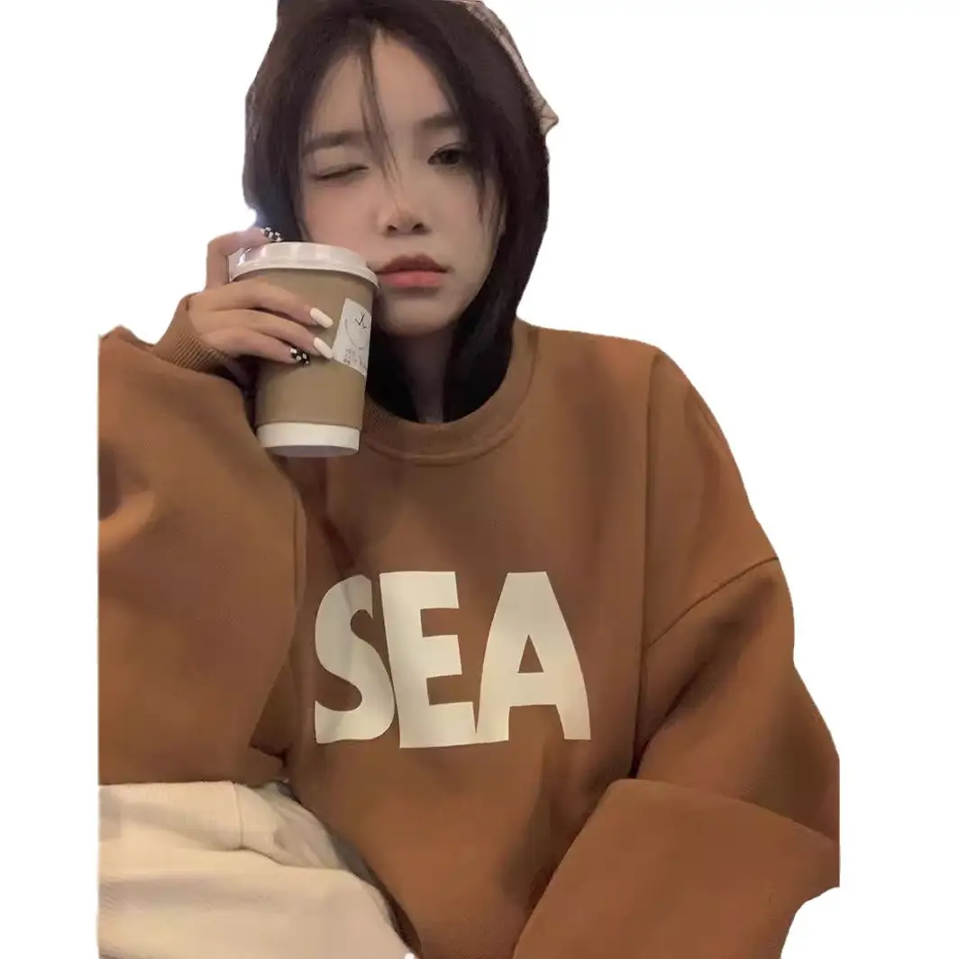 Women Thickened Letter Oversize Sweatshirt Winter Beige - Image 6