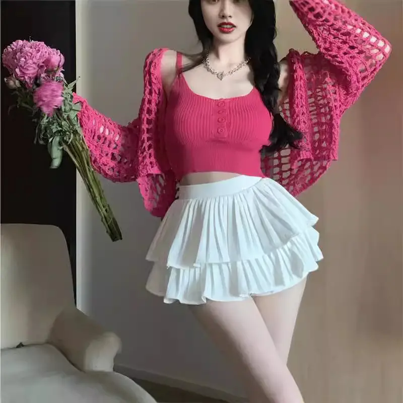 Women's White Knitted Mesh Cardigan with Black Skirt Set - Image 6