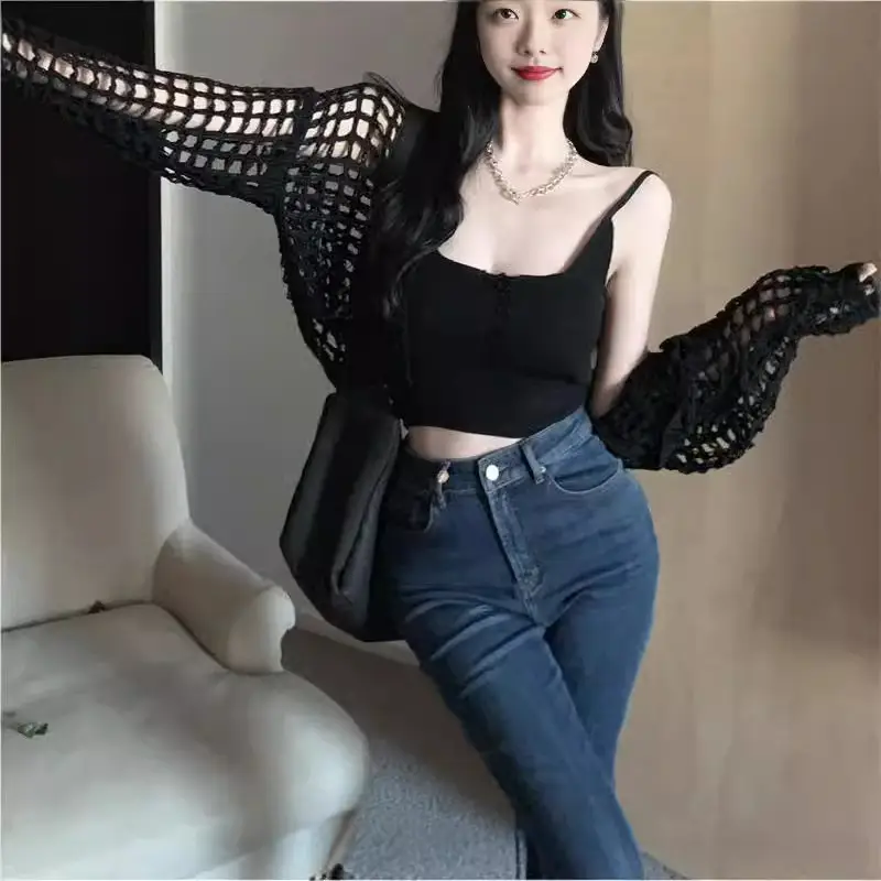 Women's White Knitted Mesh Cardigan with Black Skirt Set - Image 7