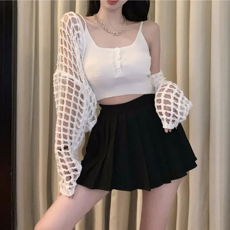 Women's White Knitted Mesh Cardigan with Black Skirt Set - Image 8
