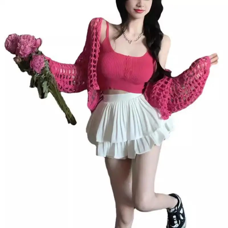 Women's White Knitted Mesh Cardigan with Black Skirt Set - Image 9