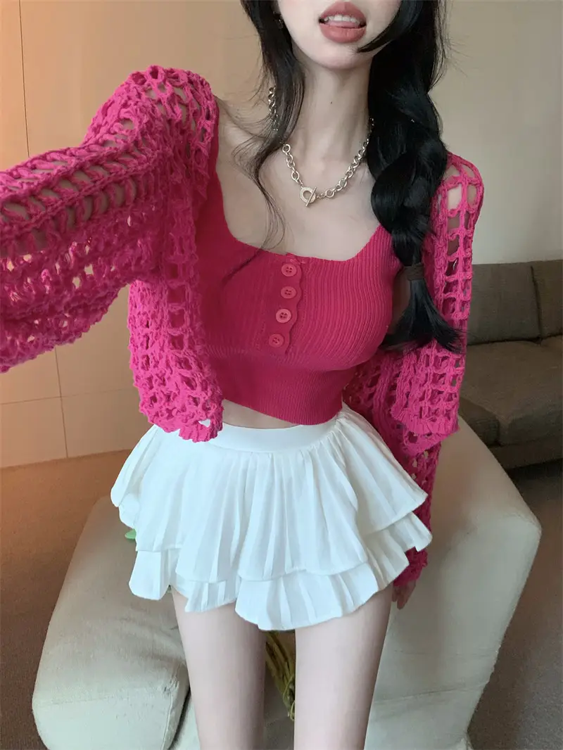 Women's White Knitted Mesh Cardigan with Black Skirt Set — feature 11