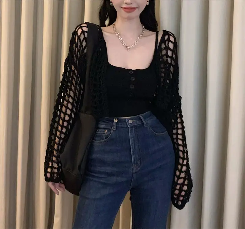 Women's White Knitted Mesh Cardigan with Black Skirt Set — feature 12