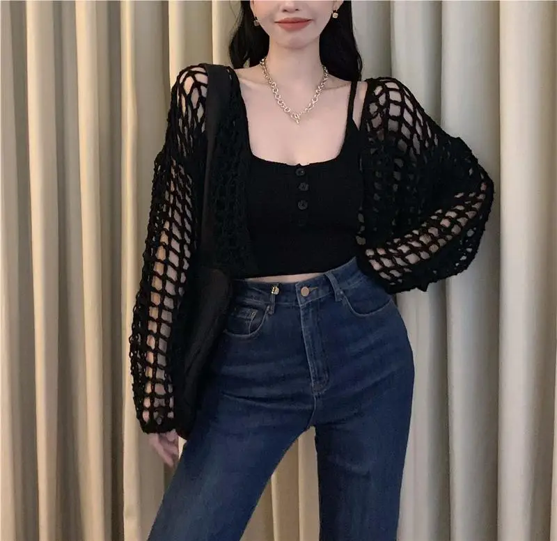 Women's White Knitted Mesh Cardigan with Black Skirt Set — feature 13