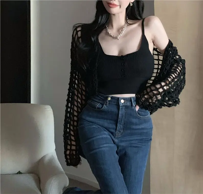 Women's White Knitted Mesh Cardigan with Black Skirt Set — feature 14