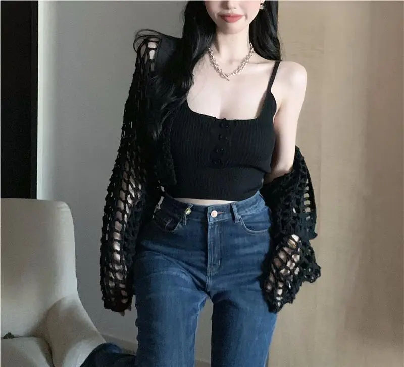 Women's White Knitted Mesh Cardigan with Black Skirt Set — feature 15