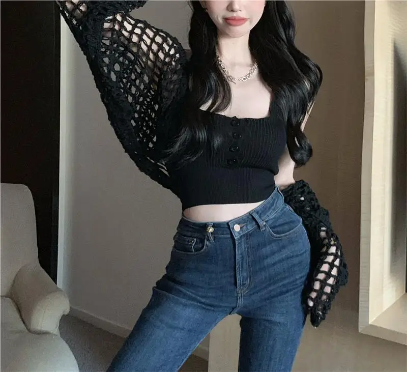 Women's White Knitted Mesh Cardigan with Black Skirt Set — feature 16