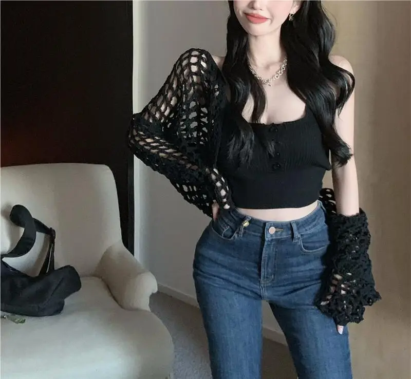 Women's White Knitted Mesh Cardigan with Black Skirt Set — feature 17
