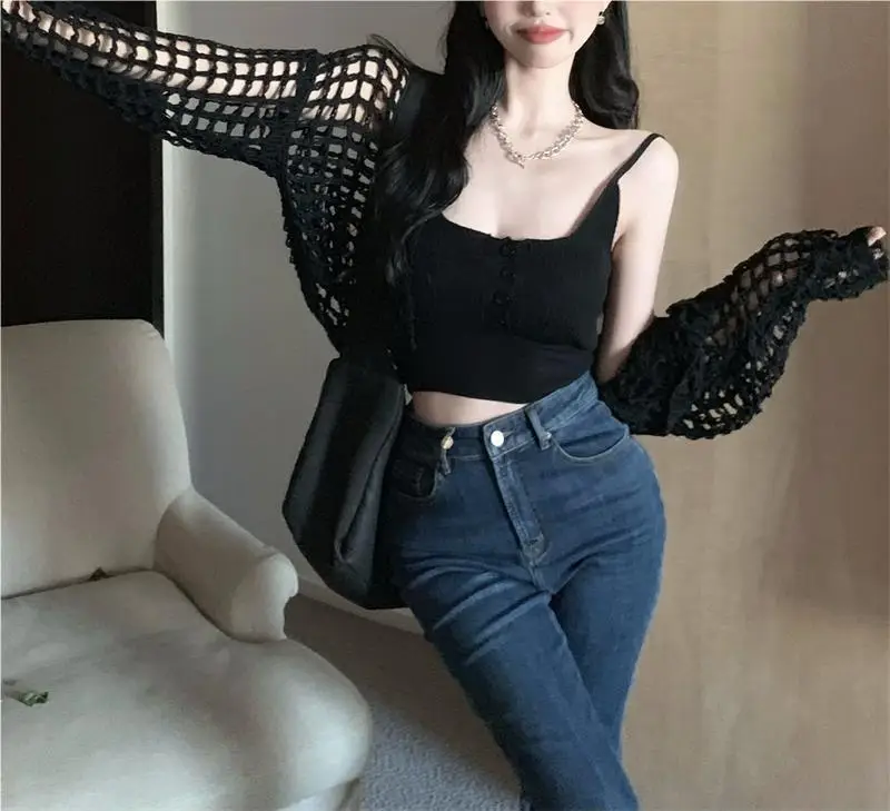 Women's White Knitted Mesh Cardigan with Black Skirt Set — feature 18