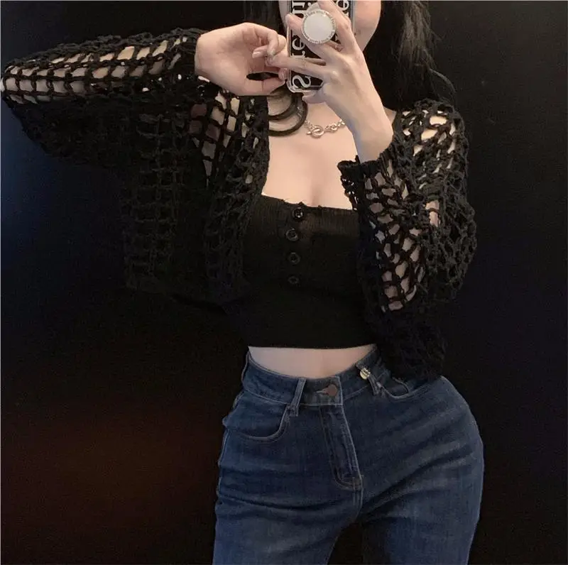 Women's White Knitted Mesh Cardigan with Black Skirt Set — feature 19
