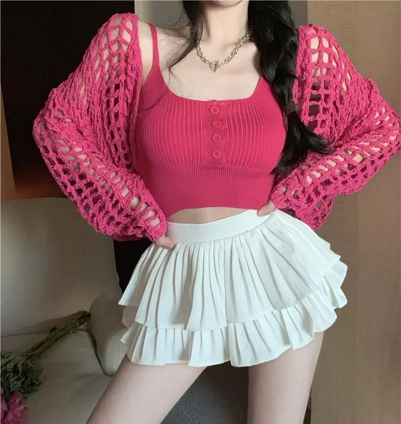 Women's White Knitted Mesh Cardigan with Black Skirt Set — feature 2