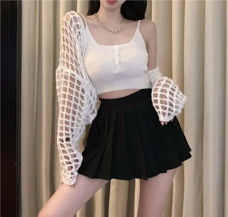 Women's White Knitted Mesh Cardigan with Black Skirt Set — feature 20