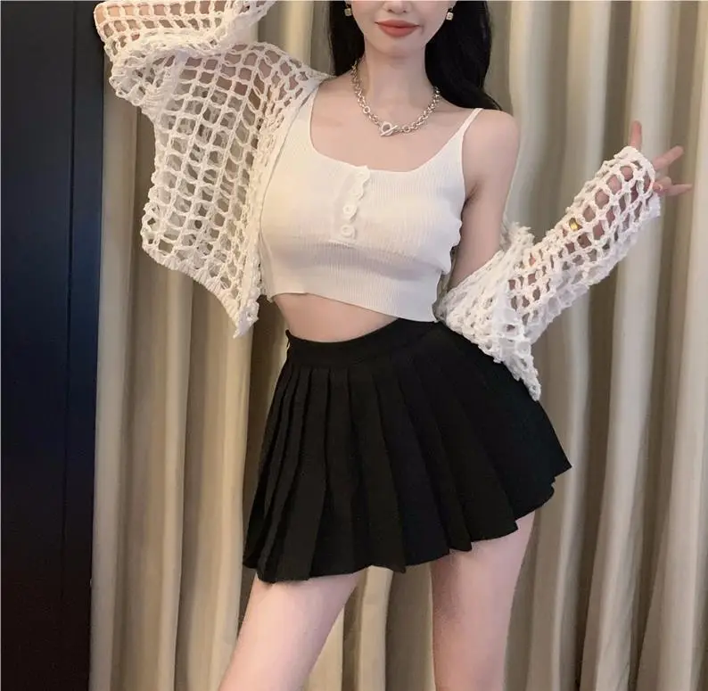 Women's White Knitted Mesh Cardigan with Black Skirt Set — feature 21