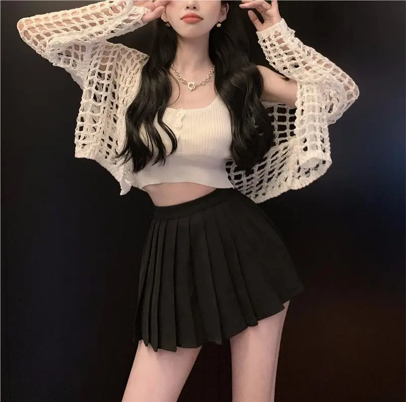 Women's White Knitted Mesh Cardigan with Black Skirt Set — feature 22