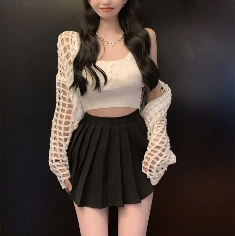 Women's White Knitted Mesh Cardigan with Black Skirt Set — feature 23