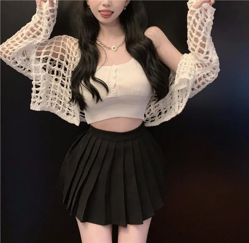 Women's White Knitted Mesh Cardigan with Black Skirt Set — feature 24