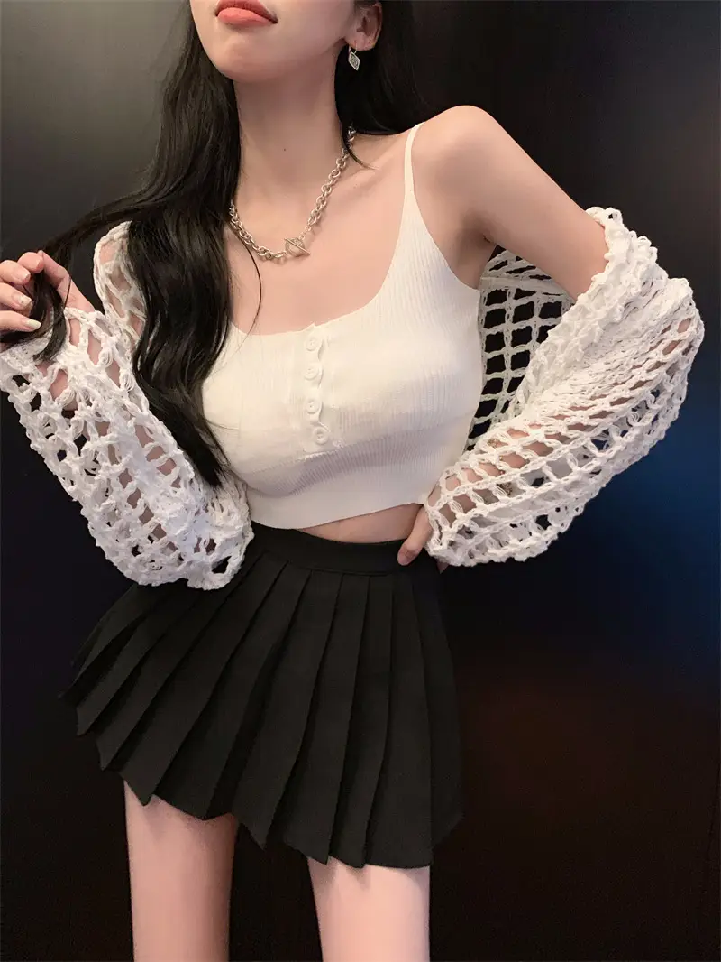 Women's White Knitted Mesh Cardigan with Black Skirt Set — feature 25