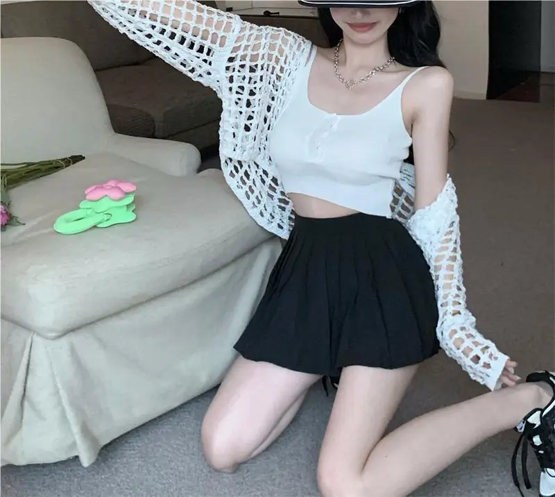 Women's White Knitted Mesh Cardigan with Black Skirt Set — feature 26