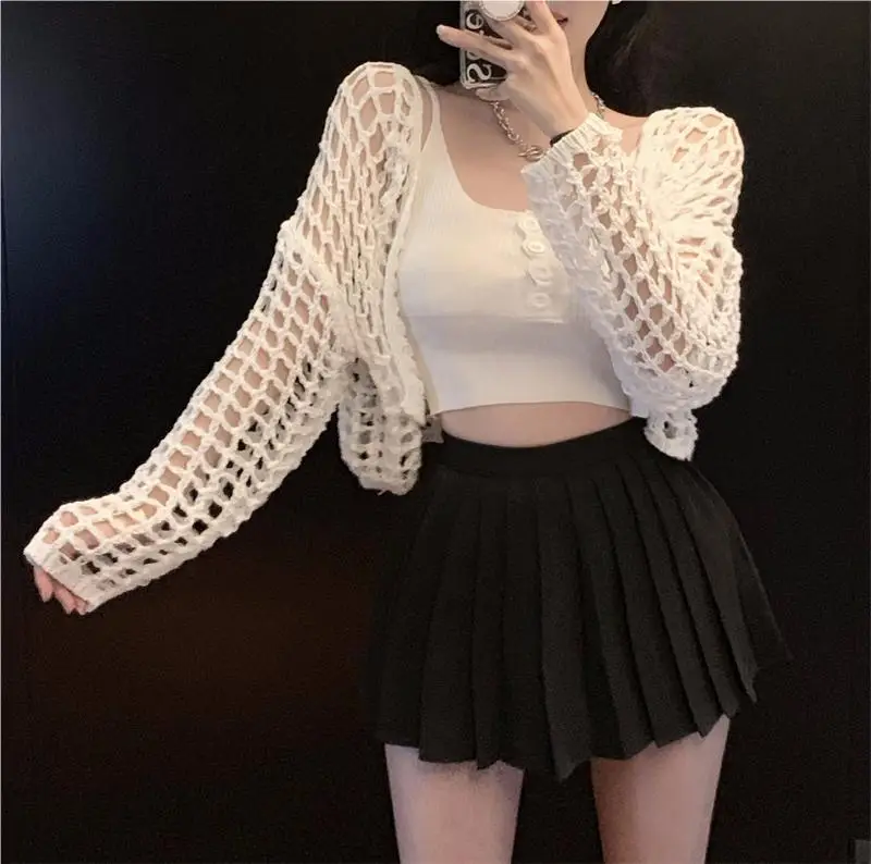 Women's White Knitted Mesh Cardigan with Black Skirt Set — feature 27