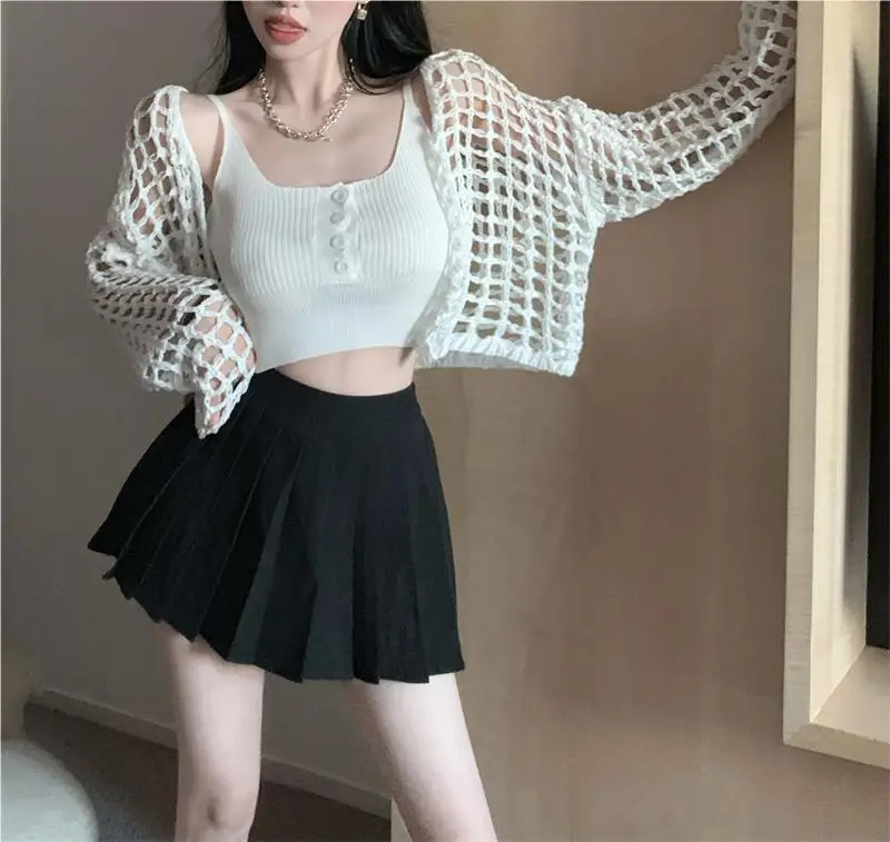 Women's White Knitted Mesh Cardigan with Black Skirt Set — feature 28