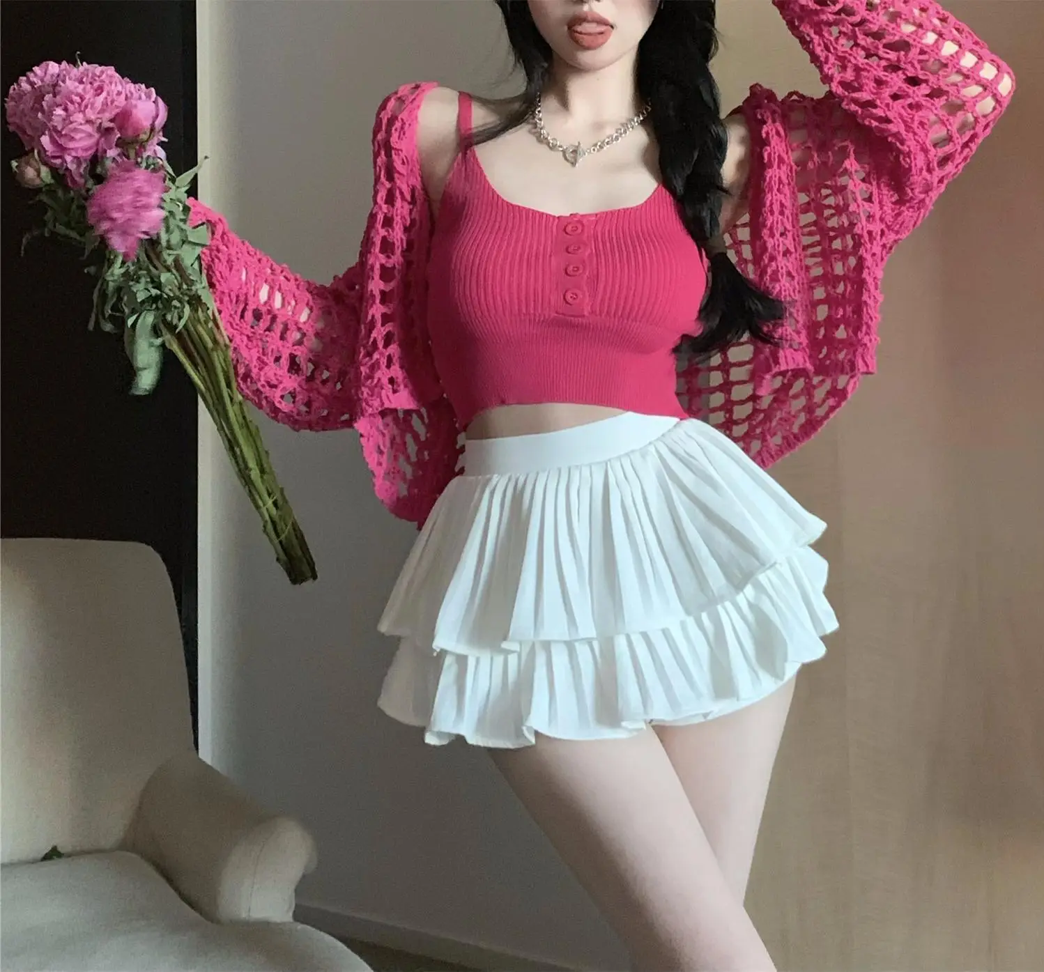 Women's White Knitted Mesh Cardigan with Black Skirt Set — feature 3