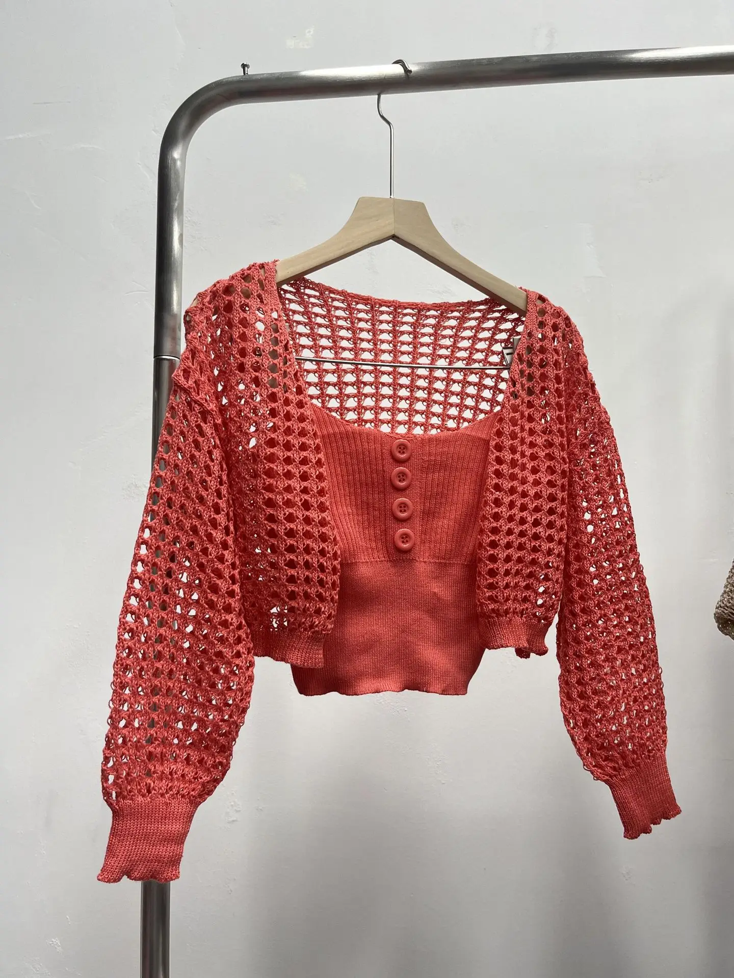 Women's White Knitted Mesh Cardigan with Black Skirt Set — feature 30