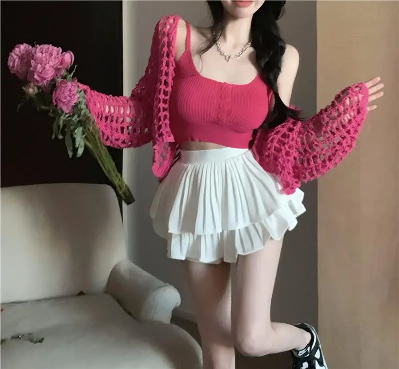 Women's White Knitted Mesh Cardigan with Black Skirt Set — feature 4