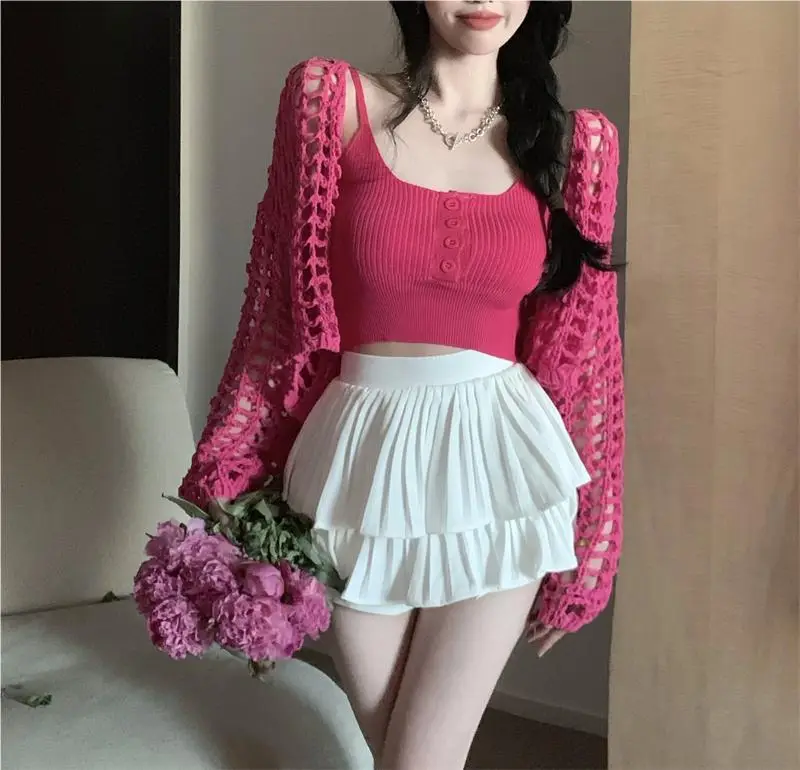 Women's White Knitted Mesh Cardigan with Black Skirt Set — feature 5
