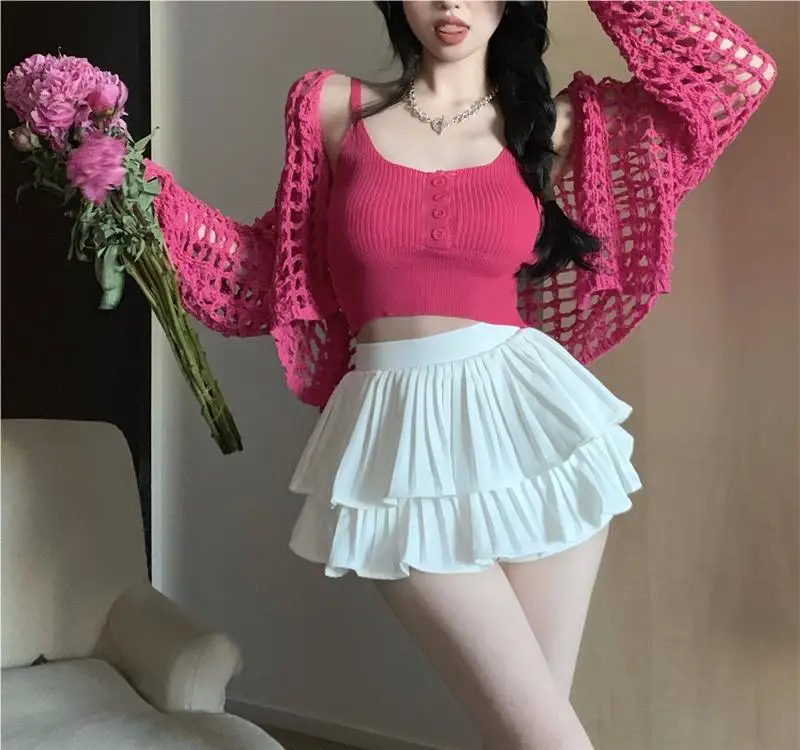 Women's White Knitted Mesh Cardigan with Black Skirt Set — feature 6