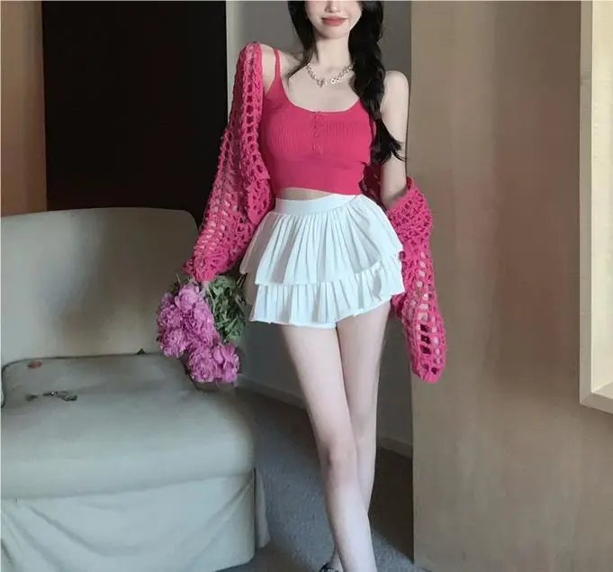 Women's White Knitted Mesh Cardigan with Black Skirt Set — feature 7