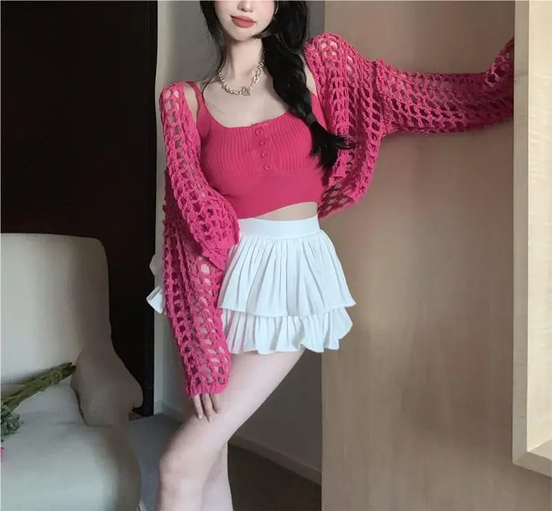 Women's White Knitted Mesh Cardigan with Black Skirt Set — feature 9