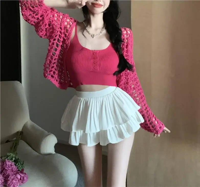 Women's White Knitted Mesh Cardigan with Black Skirt Set — feature 8