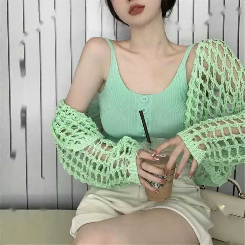 Women's White Knitted Mesh Cardigan with Black Skirt Set - Image 4
