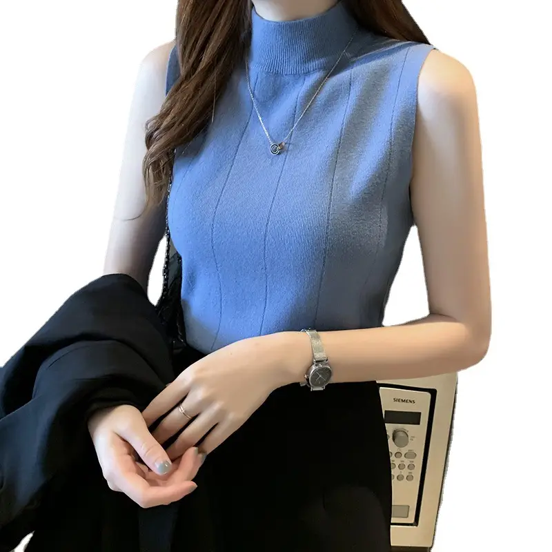 Women's Blue Sleeveless Half-High Collar Knitted Shirt - Image 9
