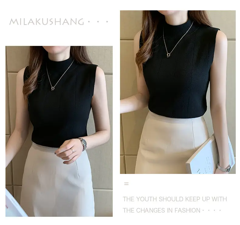 Women's Blue Sleeveless Half-High Collar Knitted Shirt — feature 18