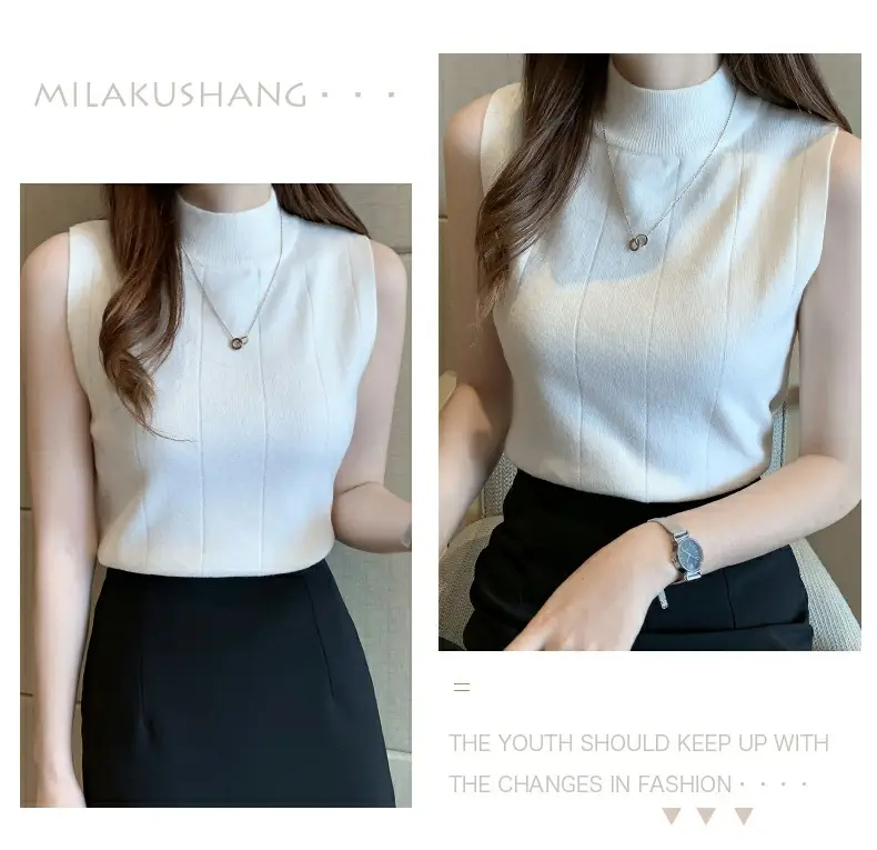 Women's Blue Sleeveless Half-High Collar Knitted Shirt — feature 25