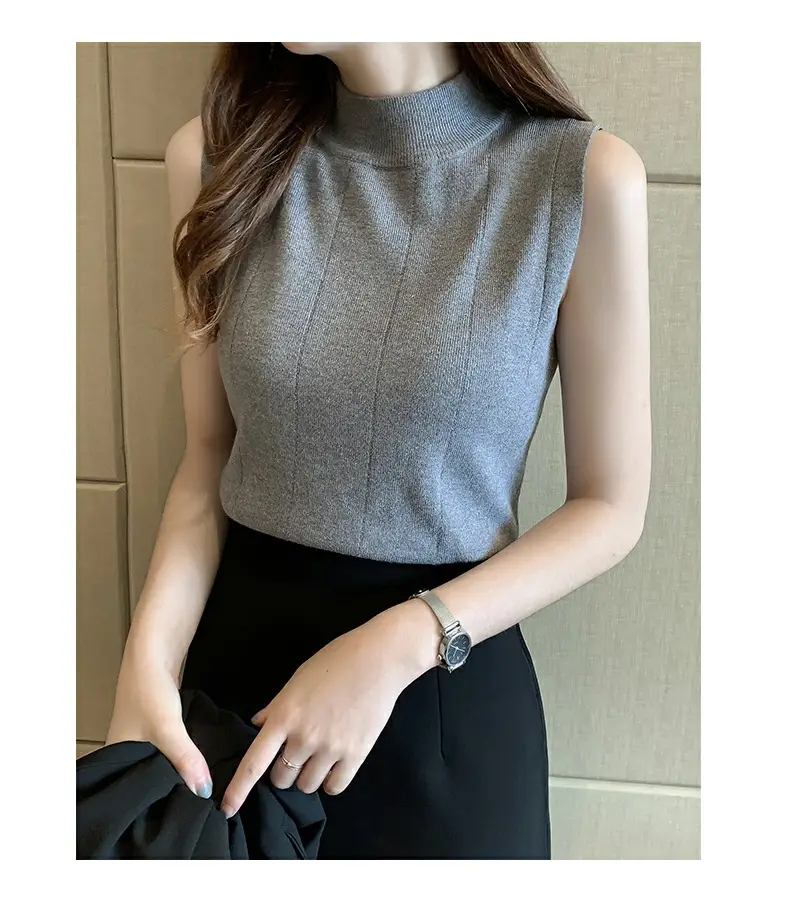 Women's Blue Sleeveless Half-High Collar Knitted Shirt — feature 26