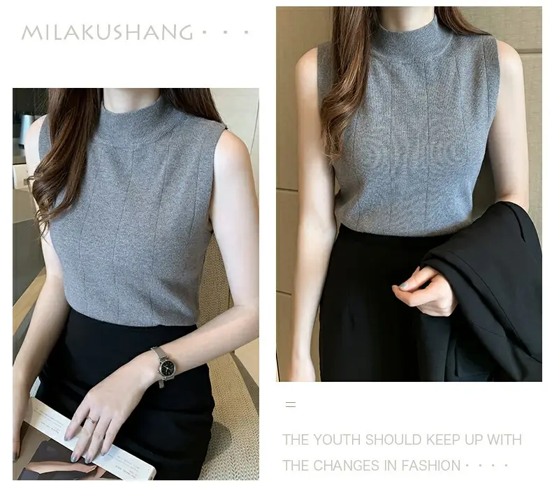 Women's Blue Sleeveless Half-High Collar Knitted Shirt — feature 28