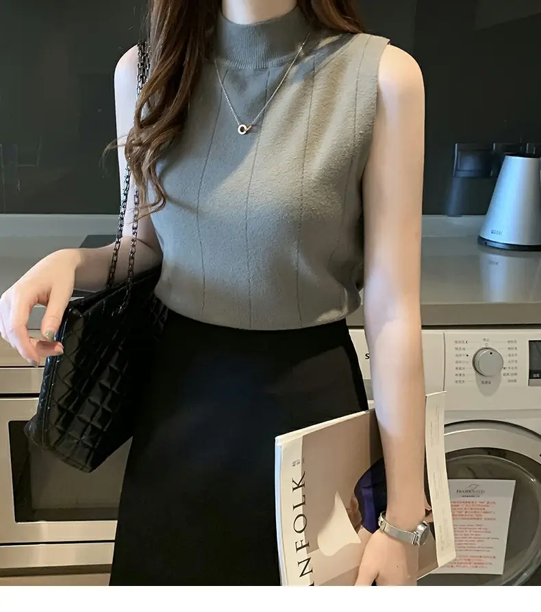 Women's Blue Sleeveless Half-High Collar Knitted Shirt — feature 29