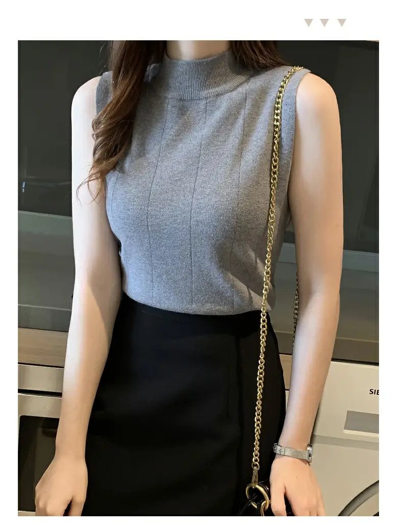 Women's Blue Sleeveless Half-High Collar Knitted Shirt — feature 30