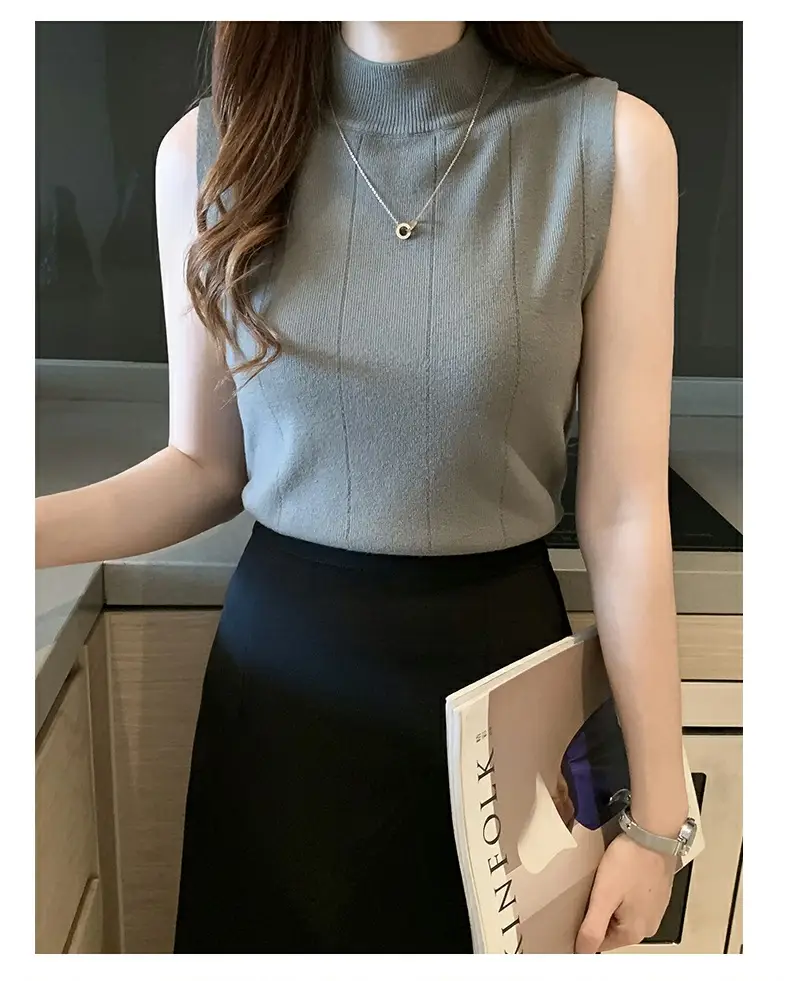Women's Blue Sleeveless Half-High Collar Knitted Shirt — feature 31
