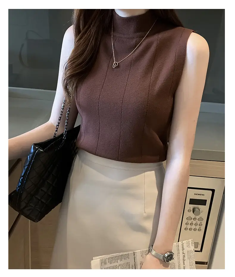 Women's Blue Sleeveless Half-High Collar Knitted Shirt — feature 9