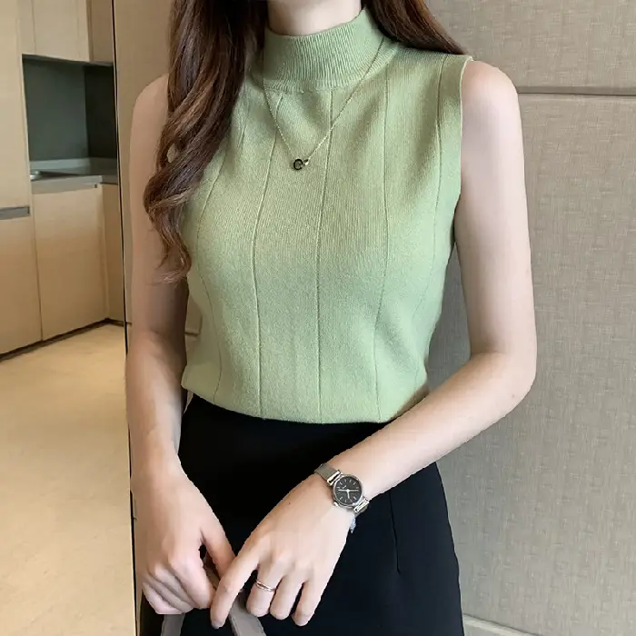 Women's Blue Sleeveless Half-High Collar Knitted Shirt - Image 2
