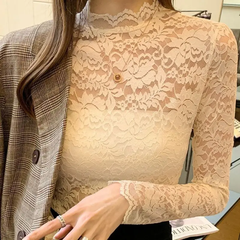 New Fashion Long Sleeve Lace Shirt with Half Turtleneck & Royal Color - Image 3